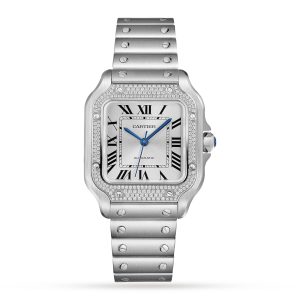 Replica Cartier Santos De Cartier Watch – Medium Model Automatic Steel Diamonds Interchangeable Metal And Leather Bracelets W4SA0005